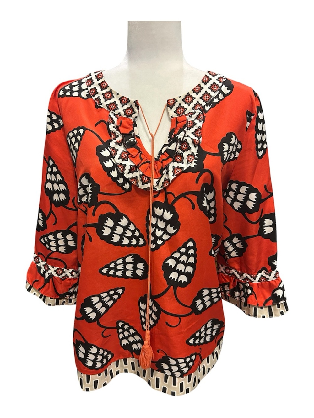 Jade Bright Orange Graphic Floral Tunic with Tassel Tie